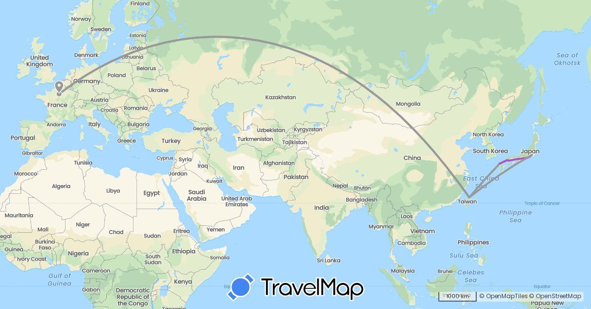 TravelMap itinerary: driving, plane, train, boat in France, Japan, Taiwan (Asia, Europe)